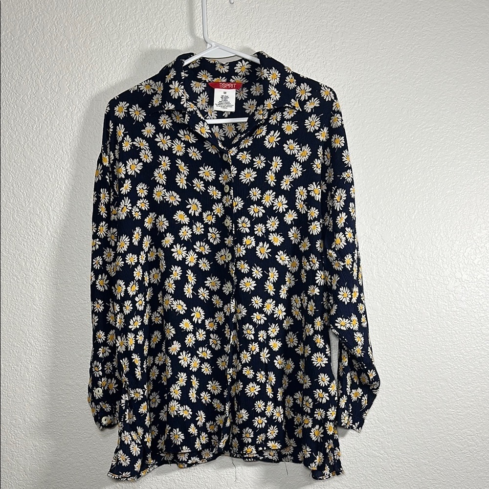 Esprit Vintage Navy Daisy Floral Rayon Button Down Shirt Womens Medium‎ 90s Boho